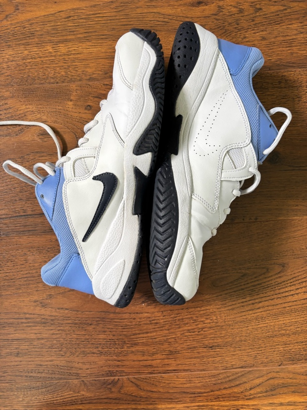 Nike White Court Lite 2 Sneakers with Light Blue Heel and Black Swoosh